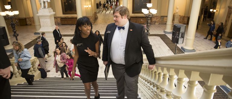 Students on steps of capitol <p>Legislative aides Janelle George and Jake Conner catch up on the Capitol steps in between meetings.</p>