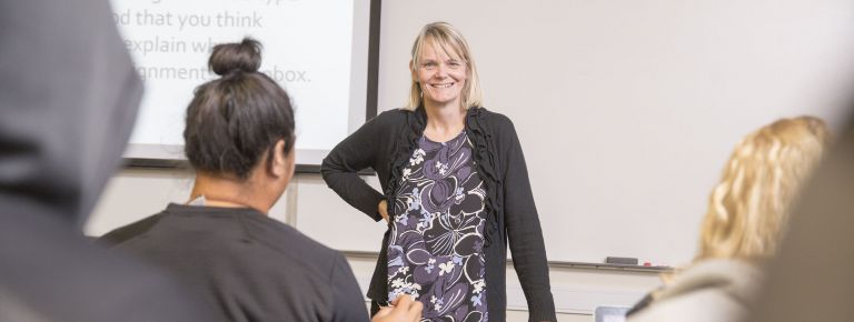 Kim Skobba in a classroom