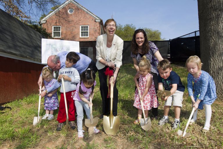 Group of children and adults with shovels <p>Fox with former Haltiwanger Distinguished Professor Jay Mancini and Amy Kay, director of the Child Development Lab, at a groundbreaking event held at the McPhaul Center in 2012.</p>